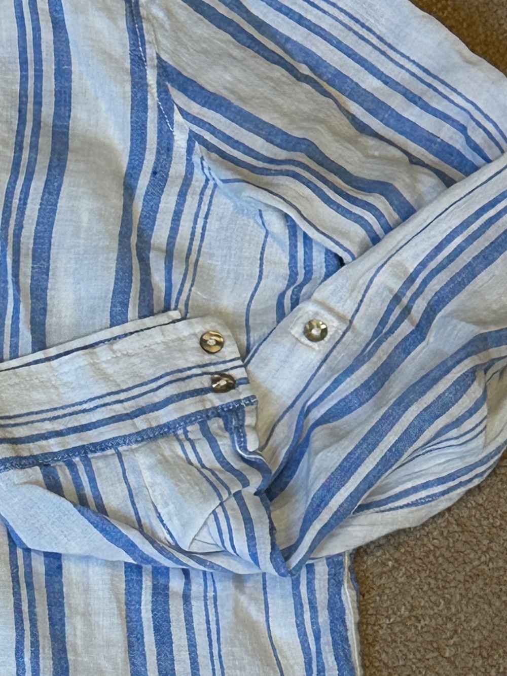 100% Linen Blue & White Striped Button up Shirt Women jones & co NY M seersucker - Picture 8 of 13